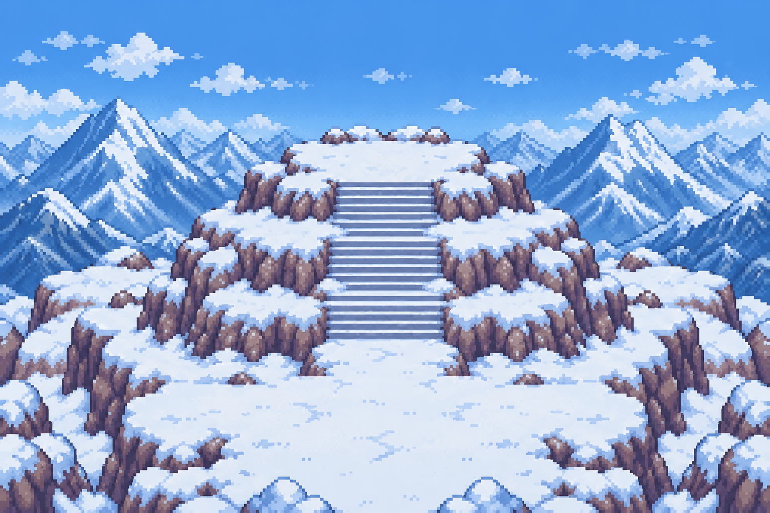 Snowy pixel-art steps leading to a mountain summit